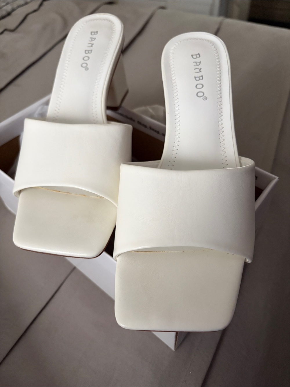 BAMBOO White Square-Toe Slip-On Mules